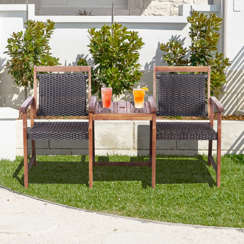 2-Seat Patio Rattan Acacia Wood Chair with Coffee Table