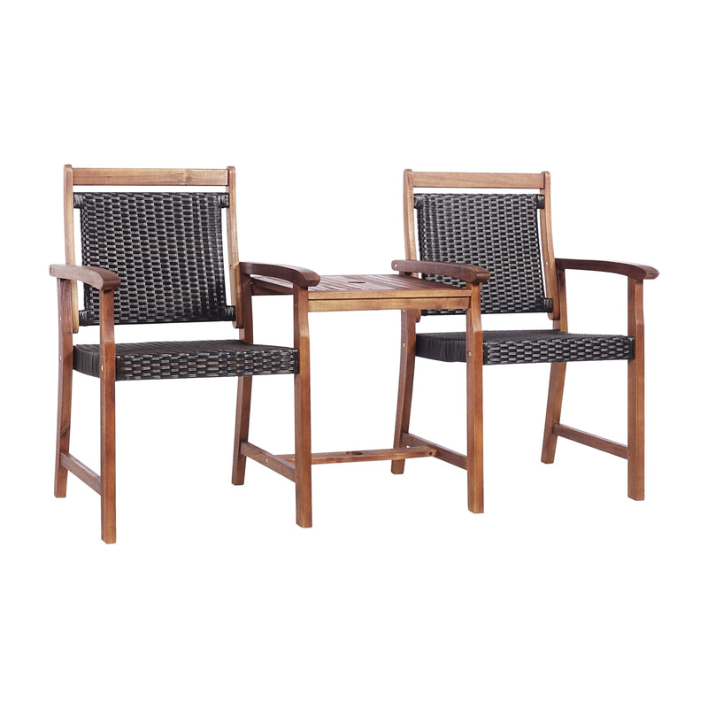 2-Seat Patio Rattan Acacia Wood Chair with Coffee Table