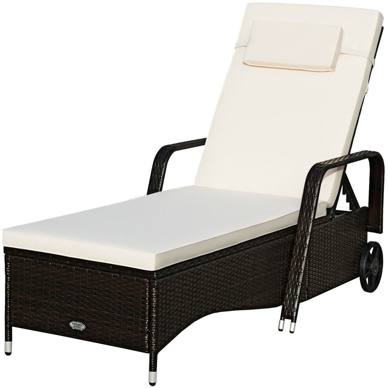 Outdoor Recliner Cushioned Chaise Lounge with Adjustable Backrest-White