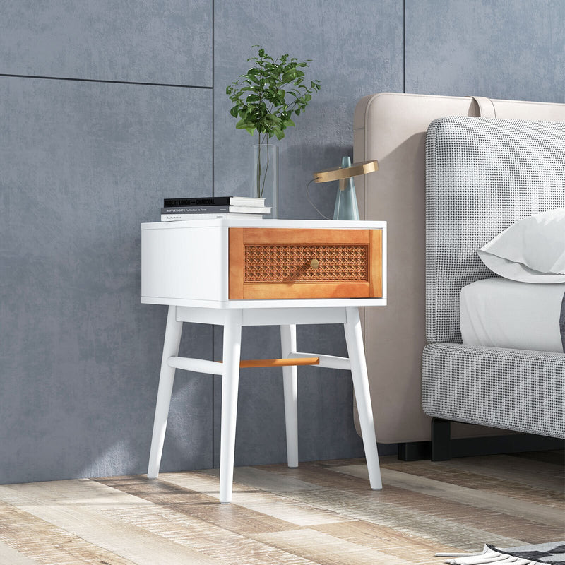 1-Drawer Modern Bedside Table with Solid Wood Legs-White