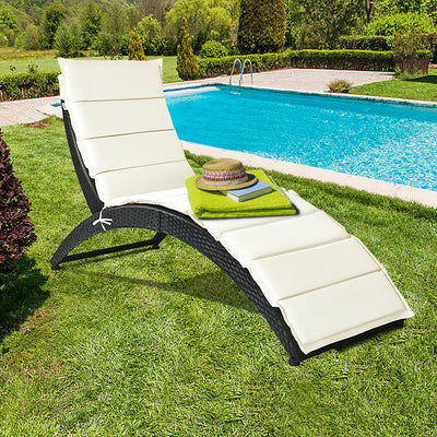 Folding Patio Rattan Portable Lounge Chair Chaise with Cushion-Beige