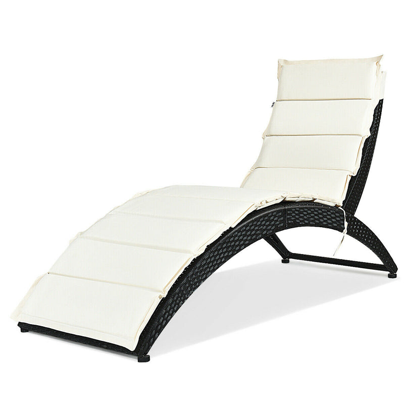 Folding Patio Rattan Portable Lounge Chair Chaise with Cushion-Beige