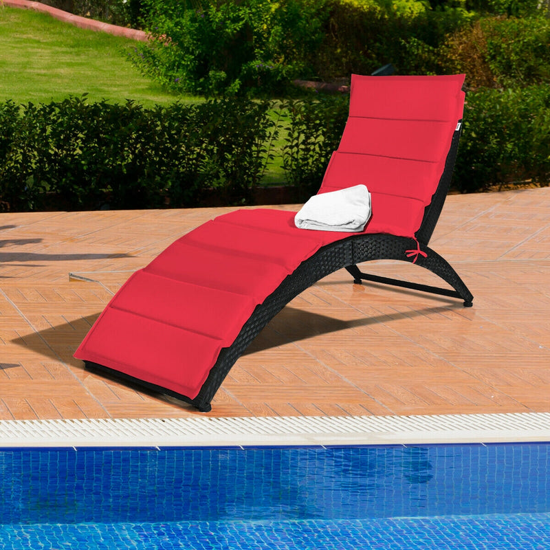 Folding Patio Rattan Portable Lounge Chair Chaise with Cushion Red