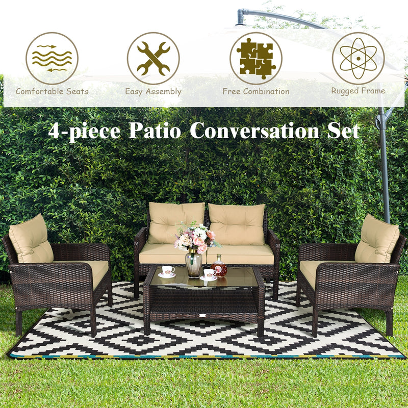 4 Pieces Patio Rattan Free Combination Sofa Set with Cushion and Coffee Table