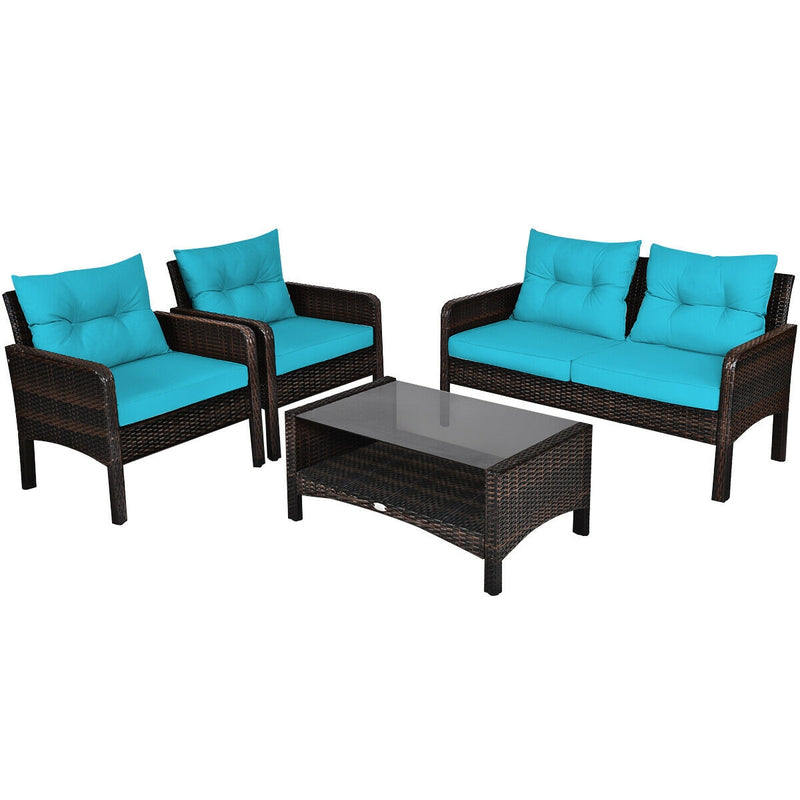 4 Pcs Outdoor Rattan Wicker Loveseat Furniture Set with Cushions-Turquoise