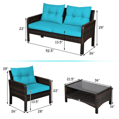 4 Pcs Outdoor Rattan Wicker Loveseat Furniture Set with Cushions-Turquoise