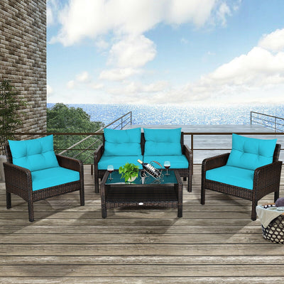 4 Pcs Outdoor Rattan Wicker Loveseat Furniture Set with Cushions-Turquoise