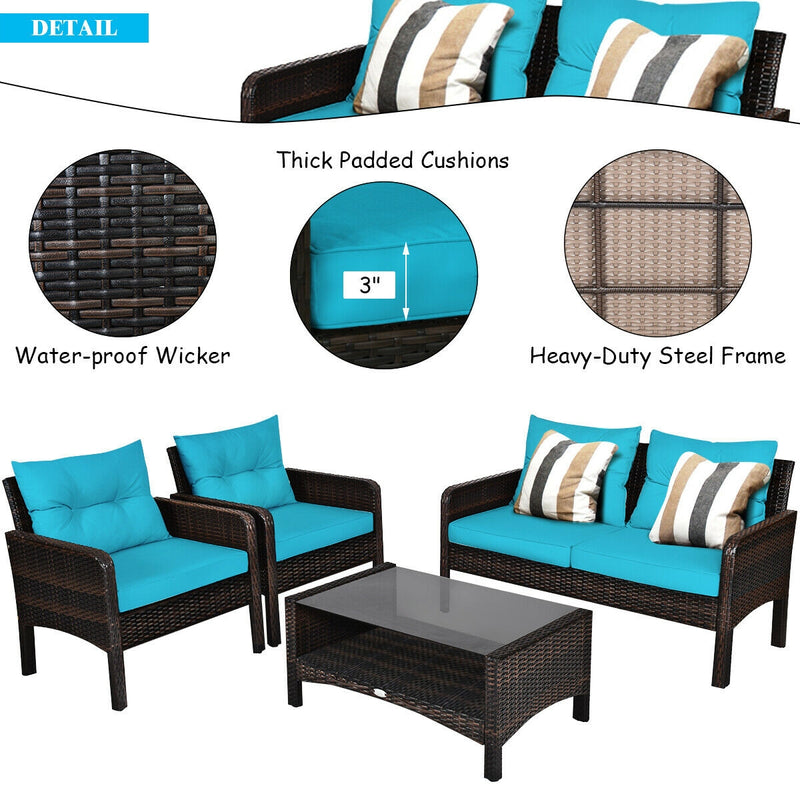 4 Pcs Outdoor Rattan Wicker Loveseat Furniture Set with Cushions-Turquoise