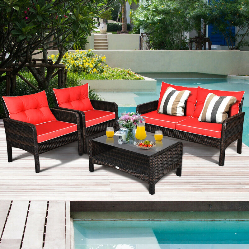 4 Pcs Outdoor Rattan Wicker Loveseat Furniture Set with Cushions-Red