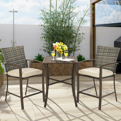 3 Pieces Rattan Bar Furniture Set with Slat Table and 2 Cushioned Stools-Brown