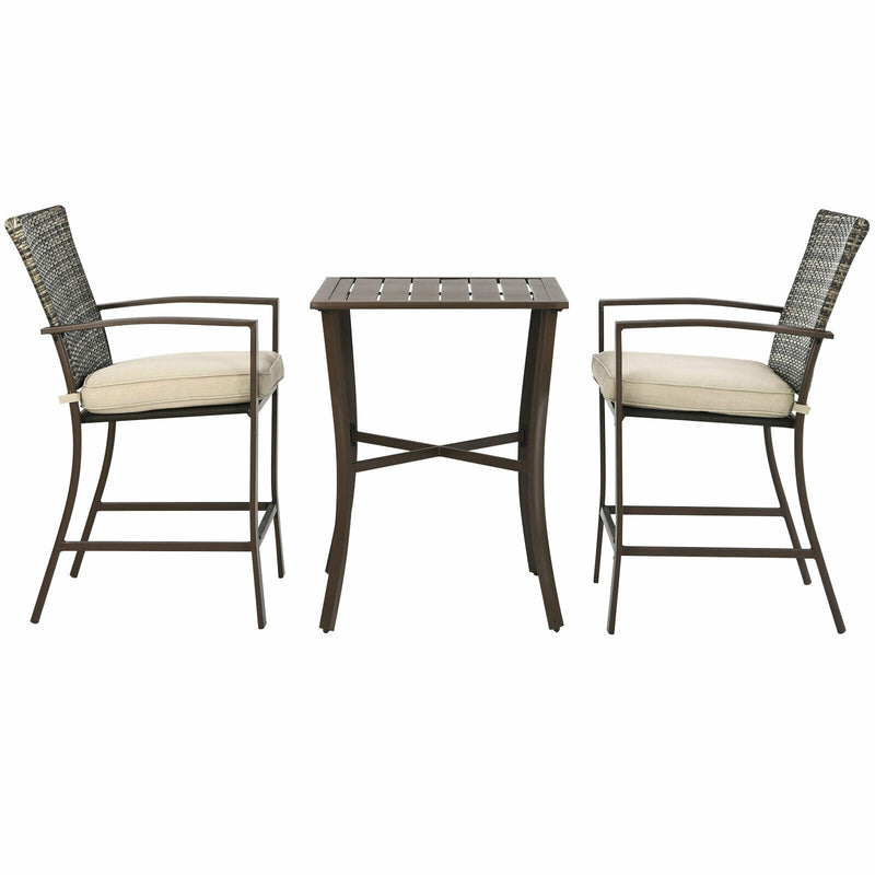 3 Pieces Rattan Bar Furniture Set with Slat Table and 2 Cushioned Stools-Brown