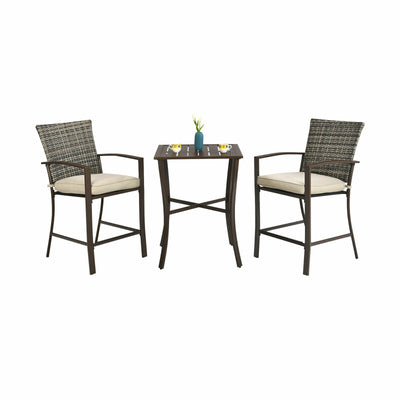 3 Pieces Rattan Bar Furniture Set with Slat Table and 2 Cushioned Stools-Brown