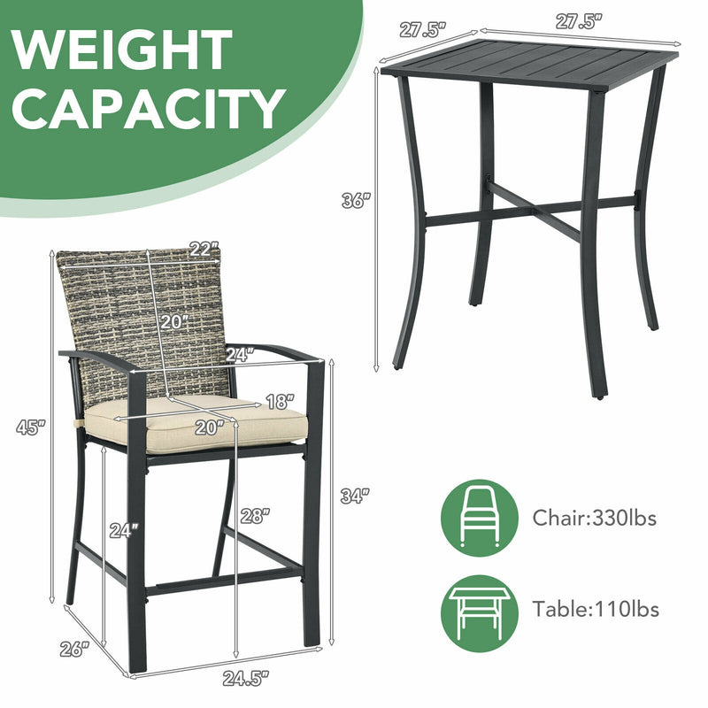 3 Pieces Patio Rattan Bar Furniture Set with Slat Table and 2 Cushioned Stools-Gray