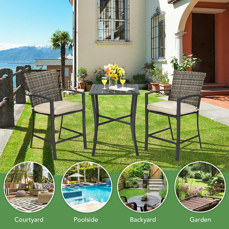 3 Pieces Patio Rattan Bar Furniture Set with Slat Table and 2 Cushioned Stools-Gray