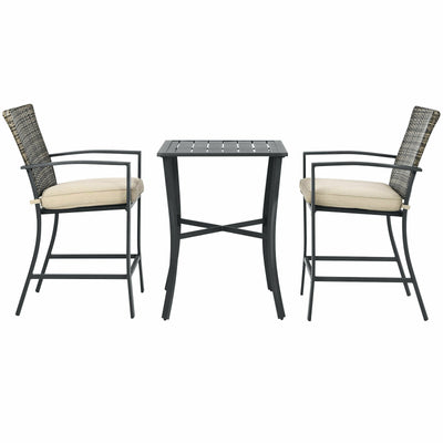 3 Pieces Patio Rattan Bar Furniture Set with Slat Table and 2 Cushioned Stools-Gray