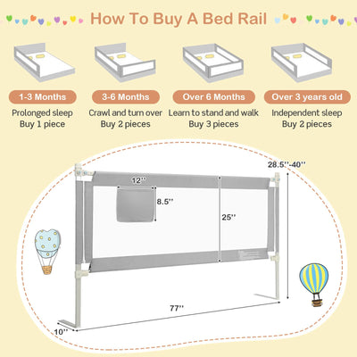 76.8 Inch Baby Bed Rail with Double Safety Child Lock-Gray