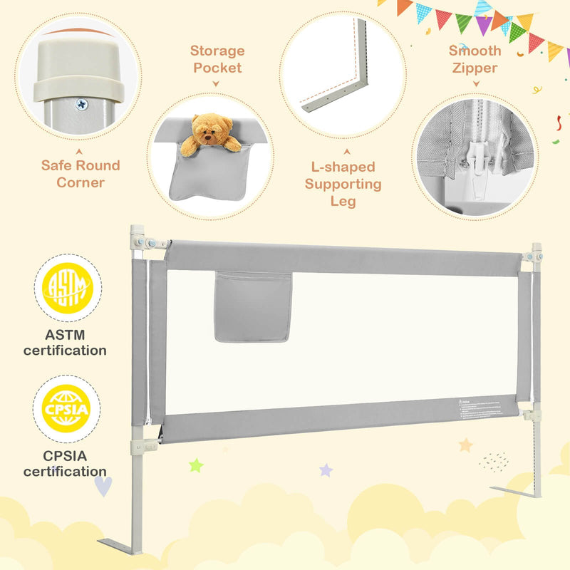 76.8 Inch Baby Bed Rail with Double Safety Child Lock-Gray