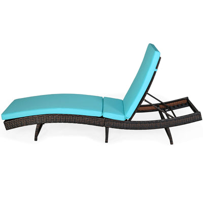 Patio Folding Adjustable Rattan Chaise Lounge Chair with Cushion-Turquoise