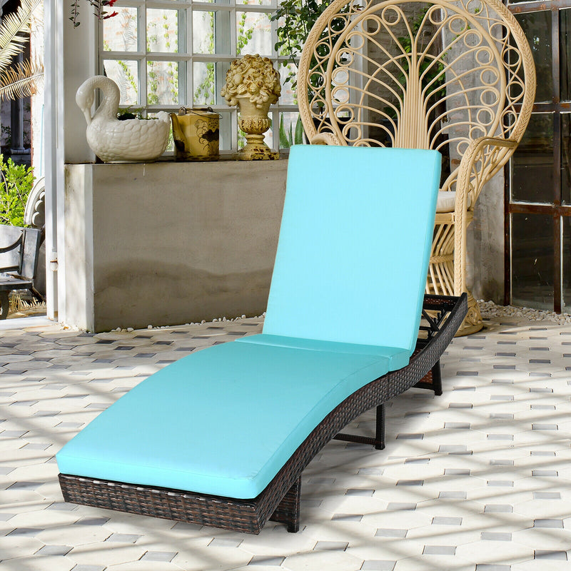 Patio Folding Adjustable Rattan Chaise Lounge Chair with Cushion-Turquoise