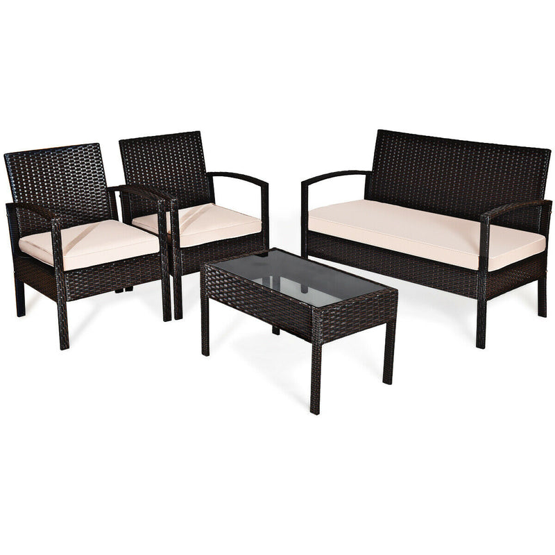 4 Pieces Patio Ratten Conversation Set with Loveseat Sofas and Coffee Table