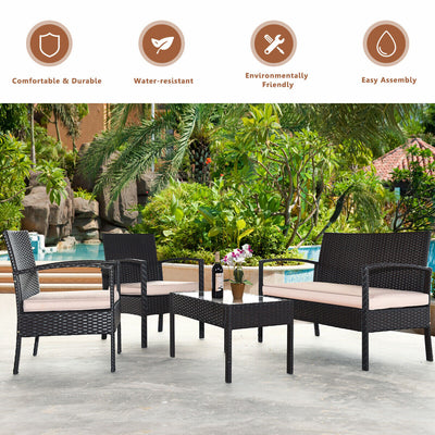 4 Pieces Patio Ratten Conversation Set with Loveseat Sofas and Coffee Table