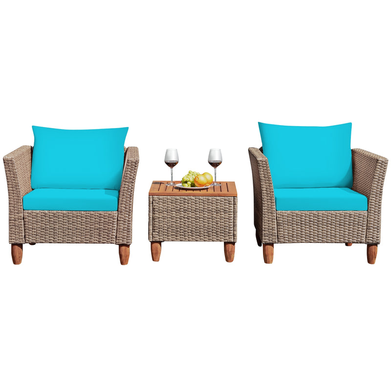 3 Pieces Patio Rattan Furniture Set with Washable Cushion for Yard Porch-Turquoise