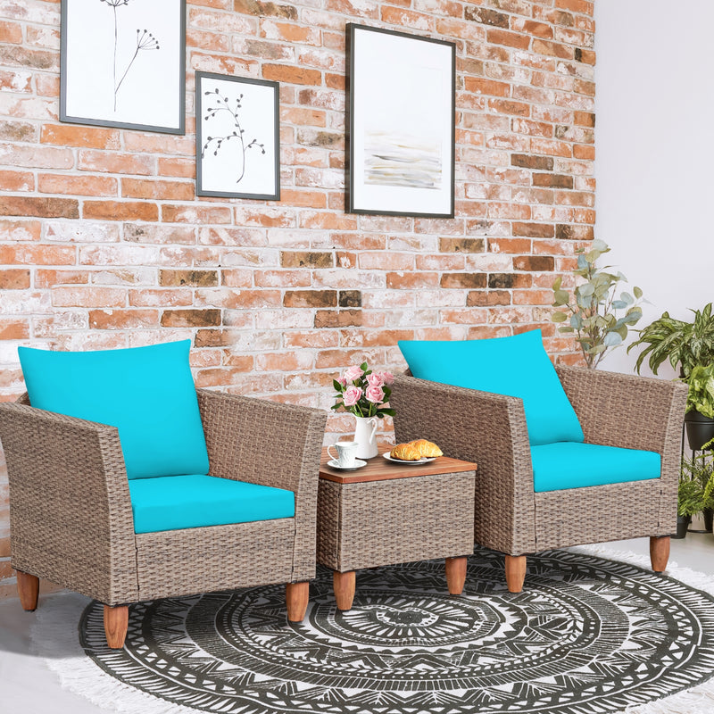 3 Pieces Patio Rattan Furniture Set with Washable Cushion for Yard Porch-Turquoise