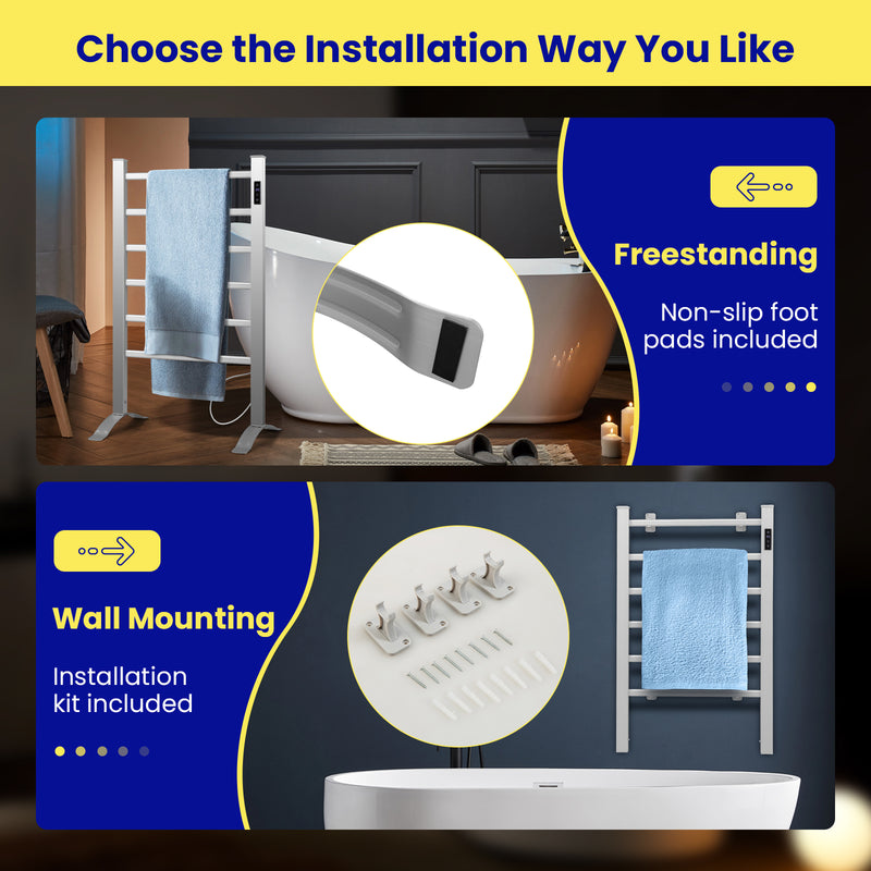 Freestanding and Wall-mounted 6 Bars Towel Warmer with Timer and LED Display