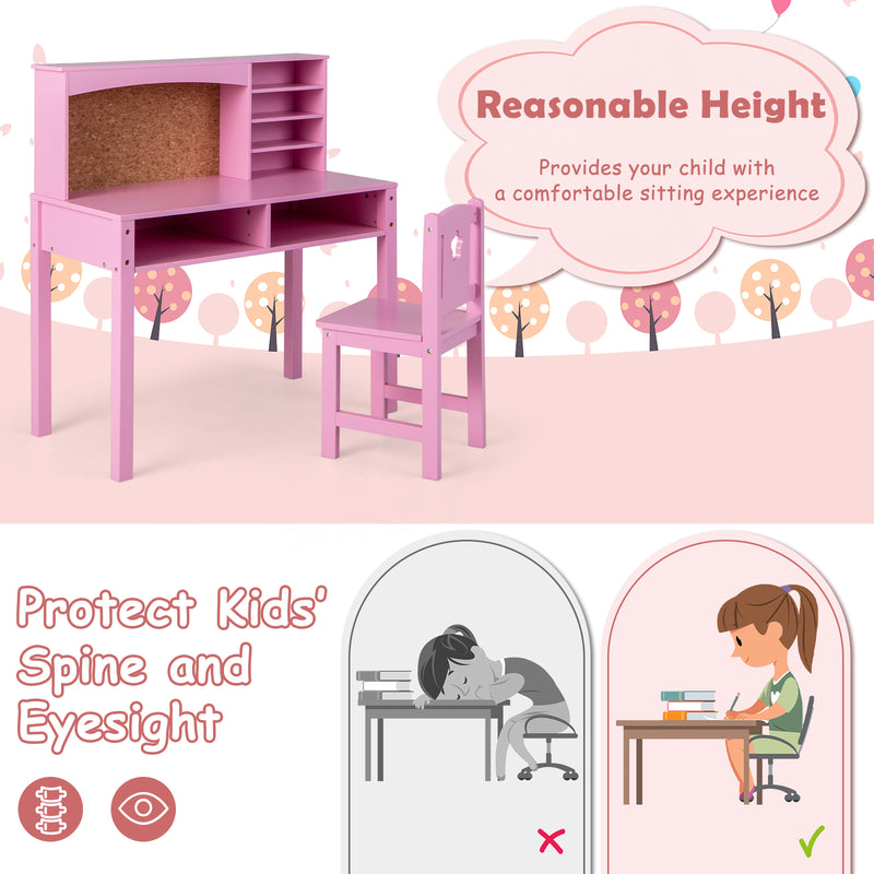 Kids Desk and Chair Set with Hutch and Bulletin Board for 3+ Kids-Pink