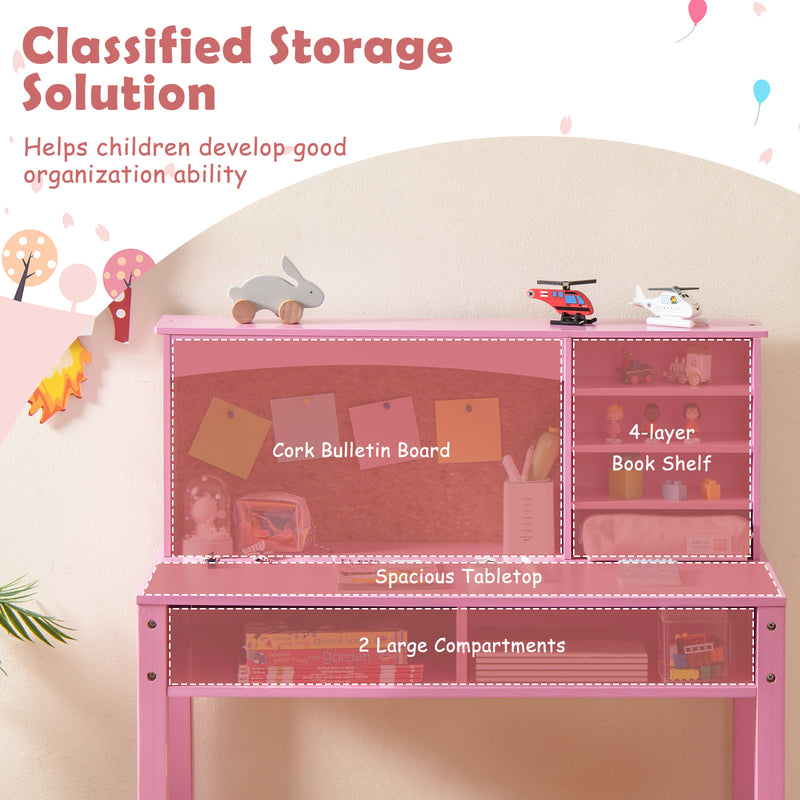 Kids Desk and Chair Set with Hutch and Bulletin Board for 3+ Kids-Pink