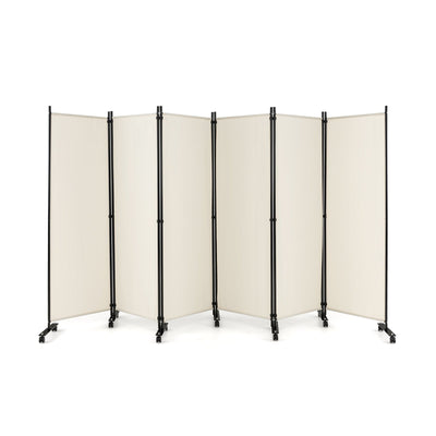 6 Panel 5.7 Feet Tall Rolling Room Divider on Wheels-White