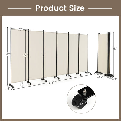 6 Panel 5.7 Feet Tall Rolling Room Divider on Wheels-White