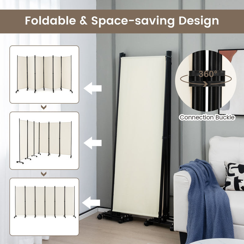 6 Panel 5.7 Feet Tall Rolling Room Divider on Wheels-White