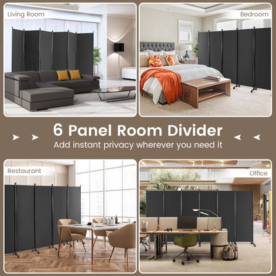 6 Panel 5.7 Feet Tall Rolling Room Divider on Wheels-Gray