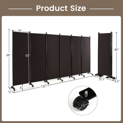 6 Panel 5.7 Feet Tall Rolling Room Divider on Wheels-Brown