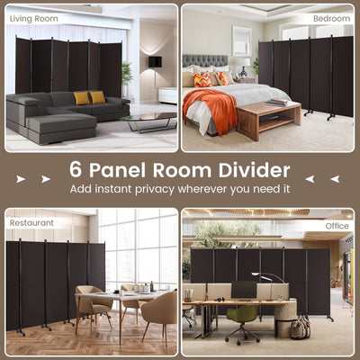 6 Panel 5.7 Feet Tall Rolling Room Divider on Wheels-Brown