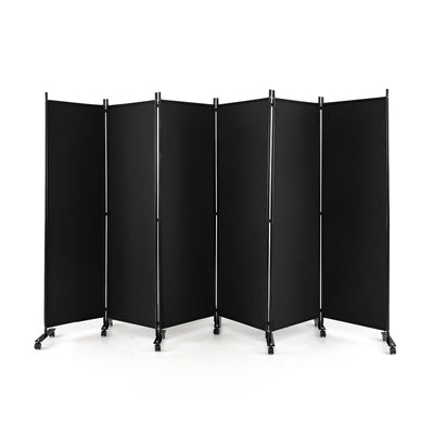 6 Panel 5.7 Feet Tall Rolling Room Divider on Wheels-Black