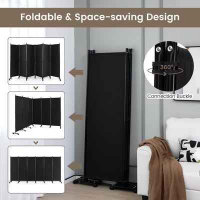 6 Panel 5.7 Feet Tall Rolling Room Divider on Wheels-Black