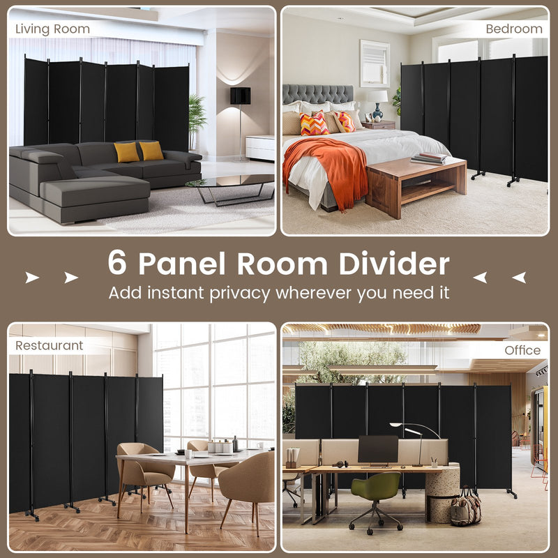 6 Panel 5.7 Feet Tall Rolling Room Divider on Wheels-Black