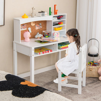 Kids Desk and Chair Set with Hutch and Bulletin Board for 3+ Kids-White