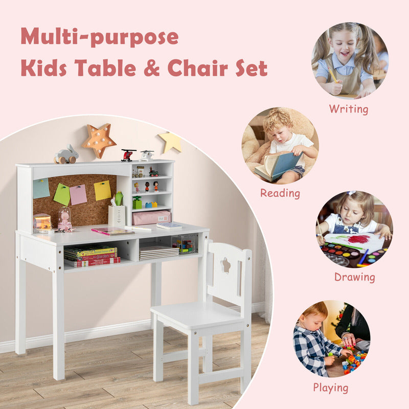 Kids Desk and Chair Set with Hutch and Bulletin Board for 3+ Kids-White