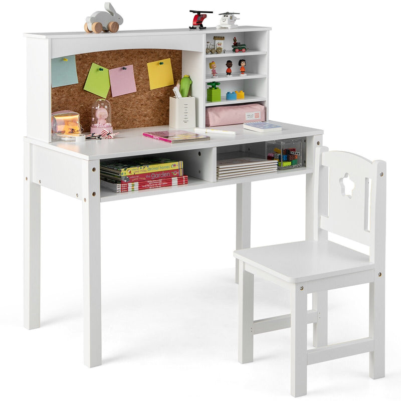 Kids Desk and Chair Set with Hutch and Bulletin Board for 3+ Kids-White