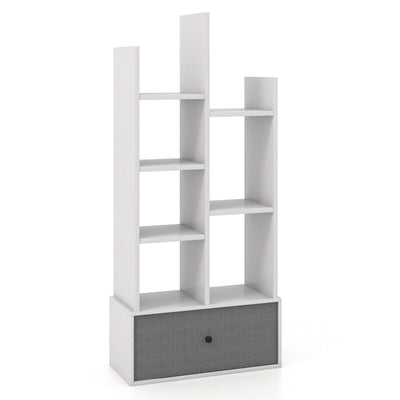 7-Tier Open-Back Bookshelf with Drawer-White