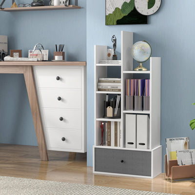 7-Tier Open-Back Bookshelf with Drawer-White