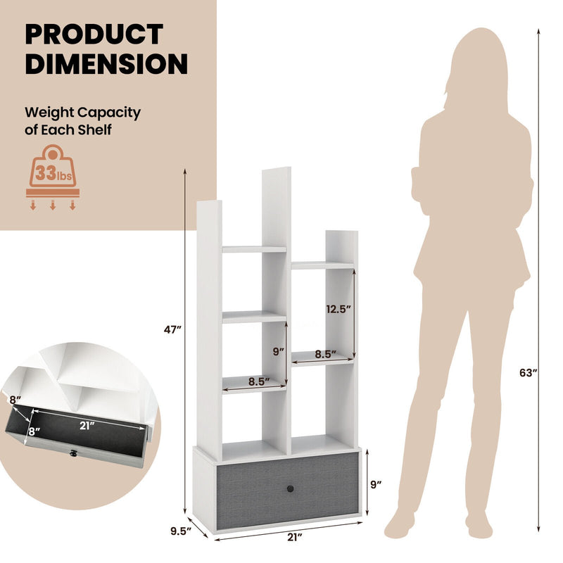 7-Tier Open-Back Bookshelf with Drawer-White