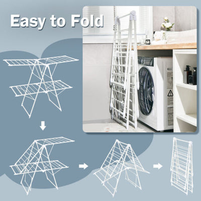 2-Level Foldable Clothes Drying Rack with Height-Adjustable Gullwings-White