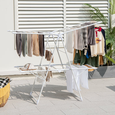 2-Level Foldable Clothes Drying Rack with Height-Adjustable Gullwings-White