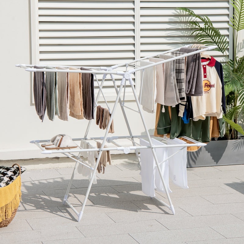 2-Level Foldable Clothes Drying Rack with Height-Adjustable Gullwings-White