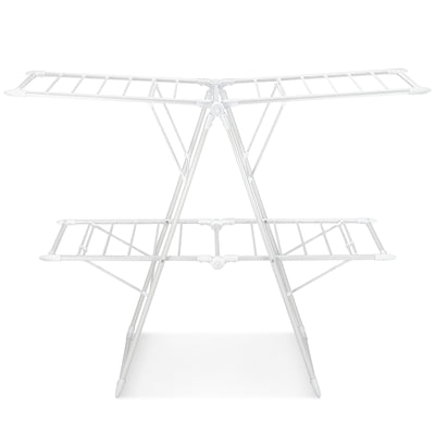 2-Level Foldable Clothes Drying Rack with Height-Adjustable Gullwings-White