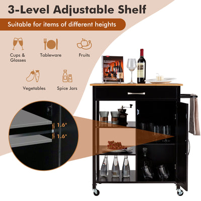 Mobile Kitchen Island Cart with Rubber Wood Top-Brown